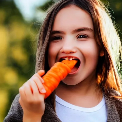 Prompt: a girl with a big teeth and she's eating a carrot photo - realistic