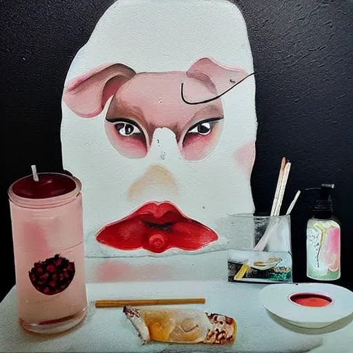 Image similar to “ a portrait in a female art student ’ s apartment, sensual, a pig theme, art supplies, paint tubes, ikebana, herbs, a candle dripping white wax, black walls, squashed berries, berry juice drips, acrylic and spray paint and oilstick on canvas, surrealism, neoexpressionism ”