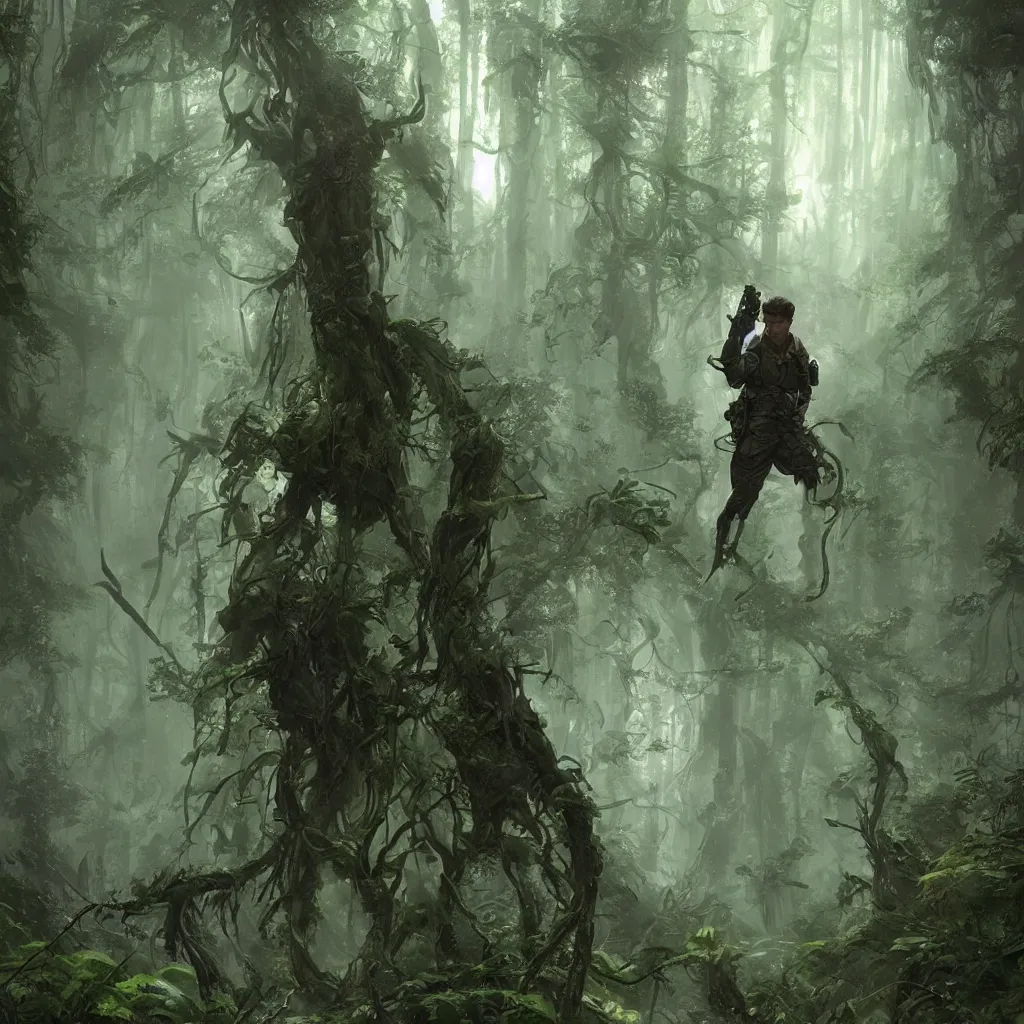 Image similar to a handsome male sci-fi solider exploring a magical rain forest, D&D, fantasy, intricate, cinematic lighting, highly detailed, digital painting, artstation, concept art, smooth, sharp focus, illustration, art by Terry Moore and Greg Rutkowski and Alphonse Mucha