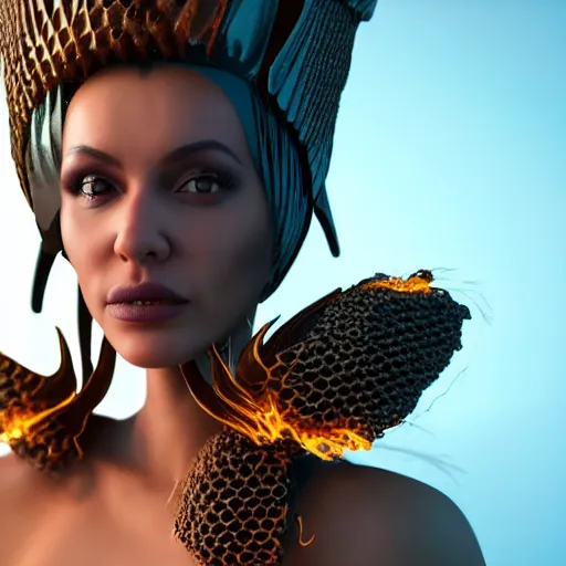 Image similar to queen wasp woman with flaming hair, honeycomb structure, octane render, unreal engine, 8 k,