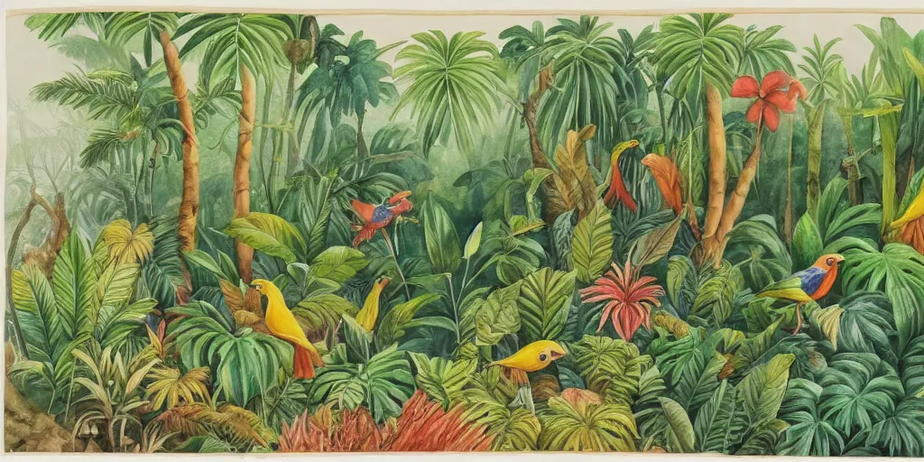 Prompt: watercolour of a tropical scenery of a jungle with multicoloured birds and plants. detailed. beautiful. stunning. high art. h 7 6 8