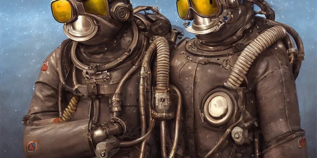 Image similar to highly detailed portrait painting of welder in atmospheric diving suit, mono eyed, by eddie mendoza and tyler edlin, windows, 8 k resolution
