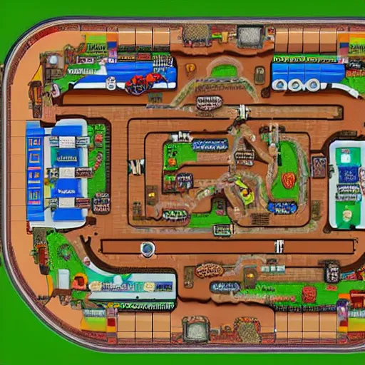 Image similar to top down view of Nintendo Mario kart double dash custom racetrack map. Western dustbowl themed custom rootin tootin wild west map.