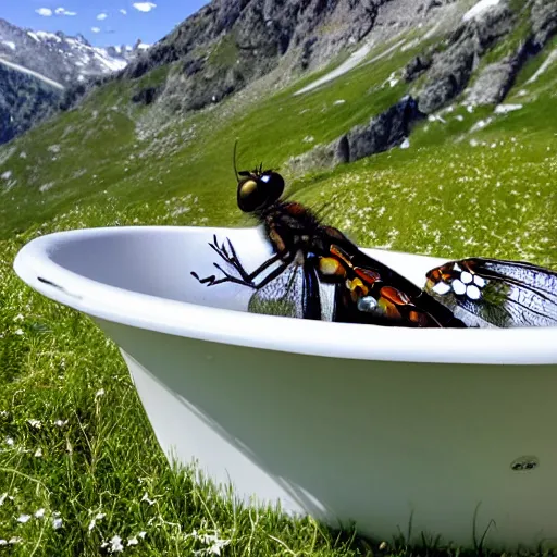 Image similar to dragonfly in a bathtub in the alps, goats! in background