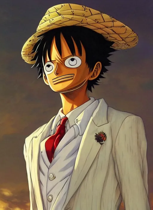 Image similar to Luffy wearing a white suit, candid shot, intricate, extremely detailed painting by Henry Justice Ford and by Greg Rutkowski and by Moebius, golden hour