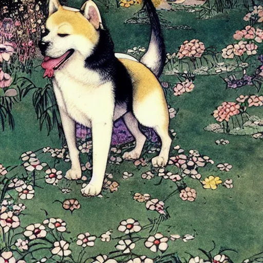 Image similar to akita inu dog wearing a floral kimono in a fanciful garden, by warwick goble and kay nielsen, highly detailed