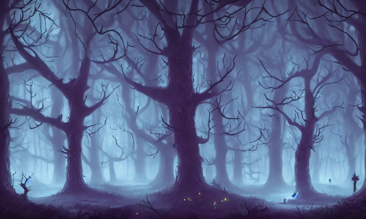 Prompt: Mystical creepy dark glowing leaf forest full of wonders and magic fireflies, scary pines, fireflies glow in the dark, magical atmosphere, trending on artstation, 30mm, by Noah Bradley