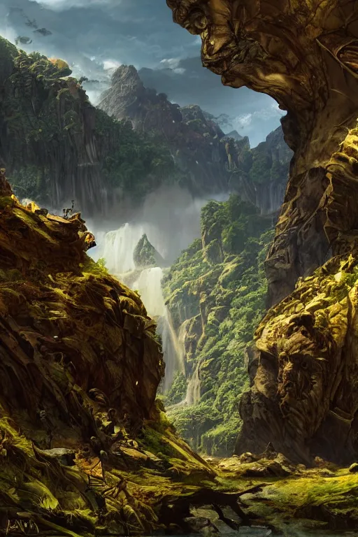 Prompt: the lost valley, landscape, alex ross, david finch, concept art, matte painting, highly detailed, rule of thirds, dynamic lighting, cinematic, detailed, denoised, centerd
