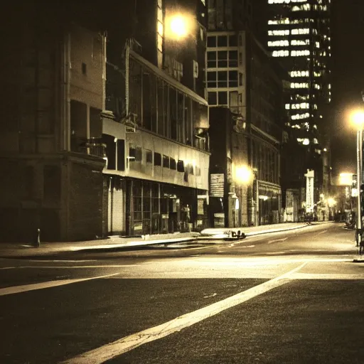 Image similar to photo of abandoned New York city street at night after the war between humans and AIs, film grain, soft vignette, Canon EOS Digital Rebel XTi, 100-300mm Canon f/5.6, Exposure time: 1/160, ISO 400