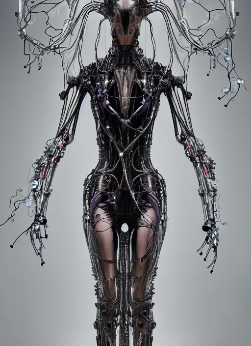 Image similar to forest iris van herpen gothic inflateble dark dress, perfect symmetrical body, helmet on face, full body shot, inflateble shapes, wires, tubes, veins, jellyfish, white biomechanical details, wearing epic bionic cyborg implants, masterpiece, intricate, biopunk, vogue, highly detailed, artstation, concept art, cyberpunk, octane render