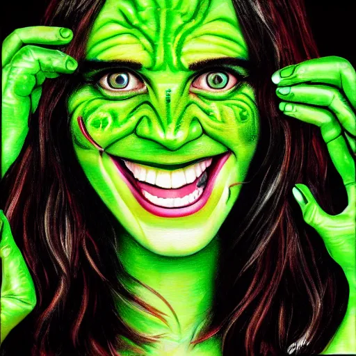 Prompt: zoey deschanel as a smiling laughing bright green lizard person, airbrush painting, hyper detailed, 8 k, photorealism, rule of thirds,.