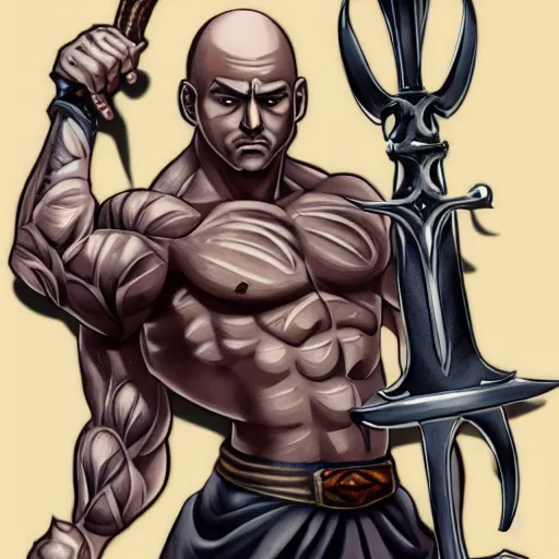 Image similar to muscular bald man, sword in hand, tattooed body, HD, anime,