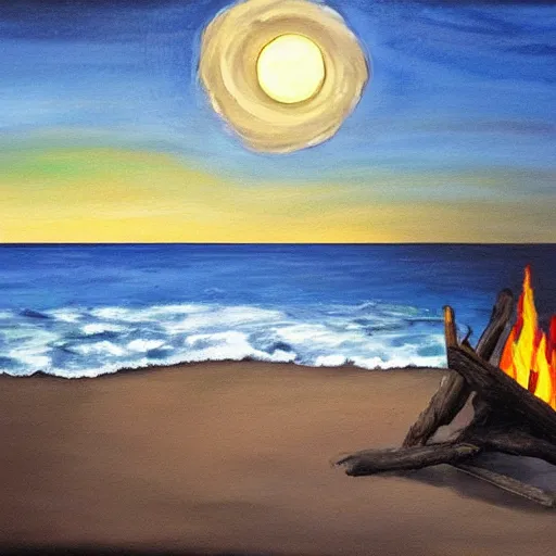 Image similar to Campfire on the beach, Moonlit ocean, Secluded beach, Painting