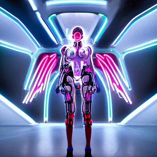 Image similar to Cyborg Woman, full-body shot of a woman with large mechanical wings, neon art style, futuristic art style, photorealistic imagery, photorealistic photos, heavily detailed, 8k quality, by Leo Avero and Eva Balloon, award-winning art