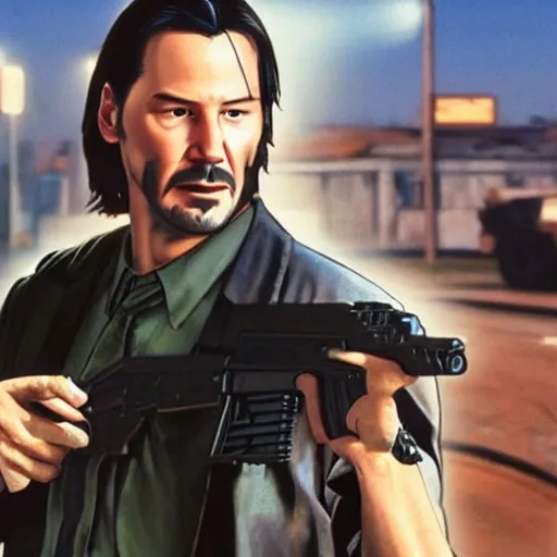 Prompt: Keanu Reeves holding an AK-47, GTA San Andreas Loading screen