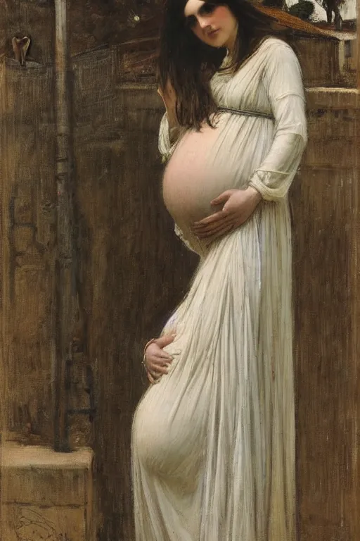 Prompt: pregnant woman under street light by john william waterhouse and Edwin Longsden Long and Theodore Ralli and Nasreddine Dinet