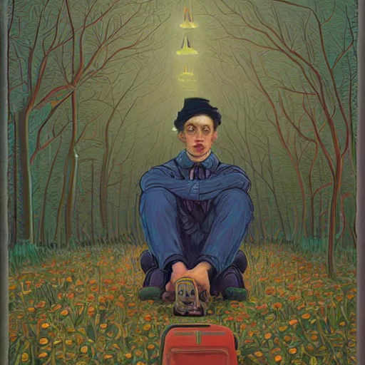 Image similar to portrait of a disillusioned young man, drained of energy by the artistic struggle, by louis wain, simon stalenhag and johanna martine, trending on artstation