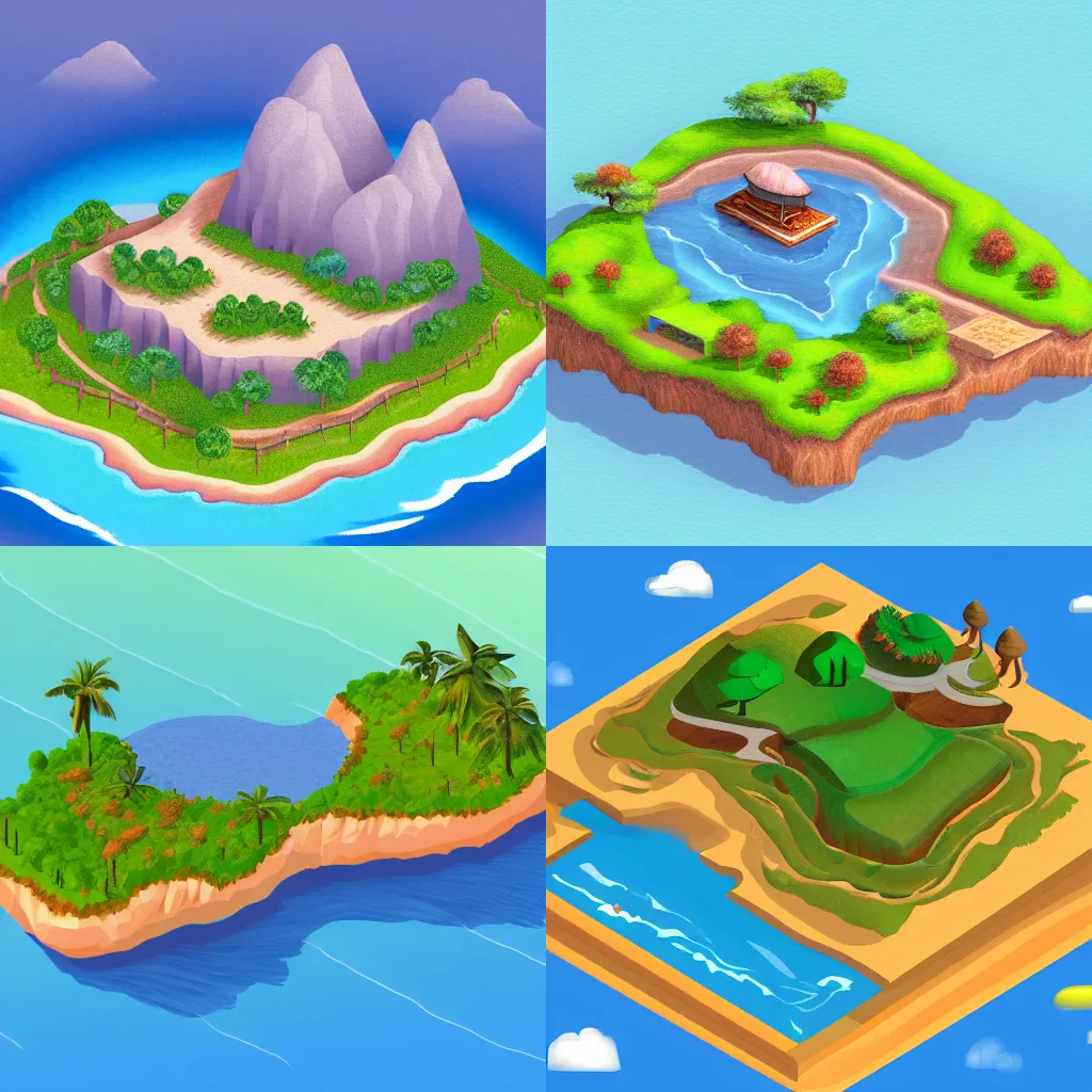 Prompt: isometric digital painting of an island