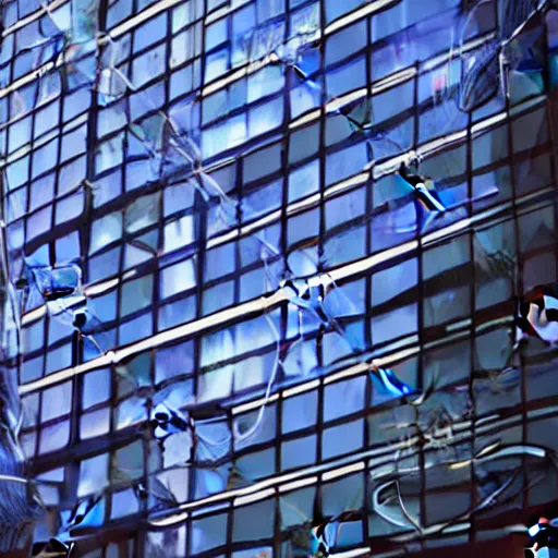 Image similar to art style based on light beams and wires is adoperated to picture a guy sitting on a window. high building. new york.