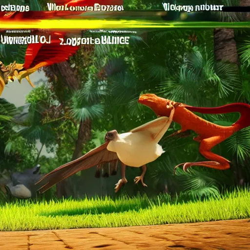 Image similar to screenshot of animal fighting game on ps 4, bird vs lizard, unreal engine,