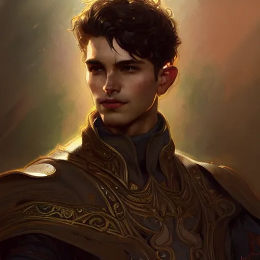 Image similar to full portrait of beautiful male paladin elf man with wavy dark hair, intricate, elegant, highly detailed, digital painting, artstation, concept art, smooth, sharp focus, illustration, art by Krenz Cushart and Artem Demura and Alphonse Mucha,