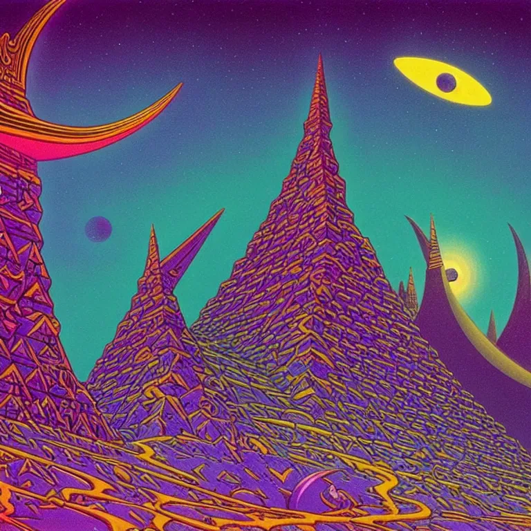 Image similar to cosmic pyramids, crescent moon, desert journey, bright neon colors, highly detailed, cinematic, eyvind earle, tim white, philippe druillet, ernst haeckel, lisa frank, aubrey beardsley, hiroo isono