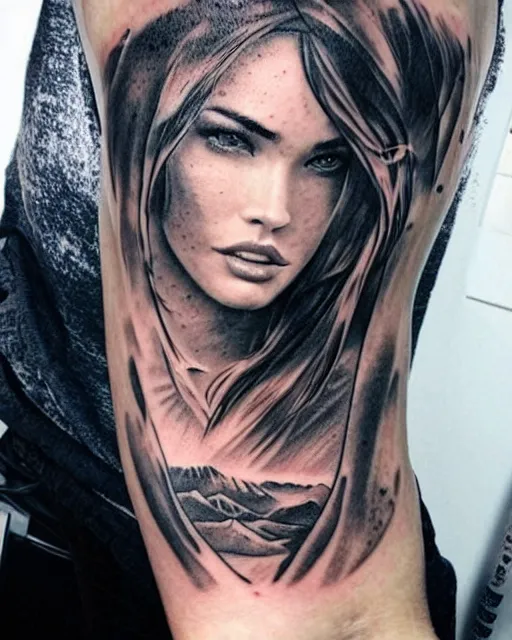 Image similar to double exposure effect tattoo design sketch of megan fox with amazing mountain scenery, realism tattoo, in the style of den yakovlev, amazing detail, sharp