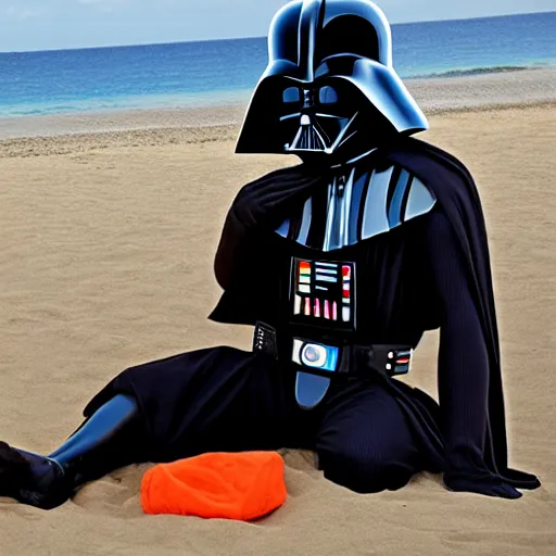 Image similar to darth vader sunbathing in the beach while reading