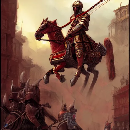 Prompt: byzantine cataphract mounted on horseback, by marc simonetti