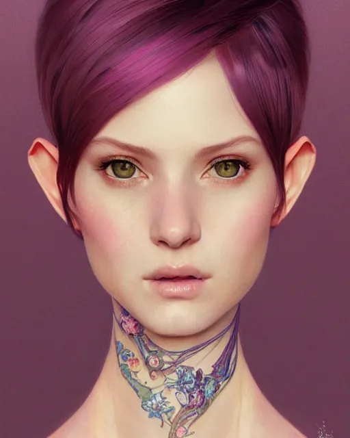 Image similar to portrait of a half elf woman with pink layered bob haircut, intricate, elegant, highly detailed, digital painting, artstation, concept art, smooth, sharp focus, illustration, art by artgerm and greg rutkowski and alphonse mucha and uang guangjian and gil elvgren and sachin teng and wlop, symmetry