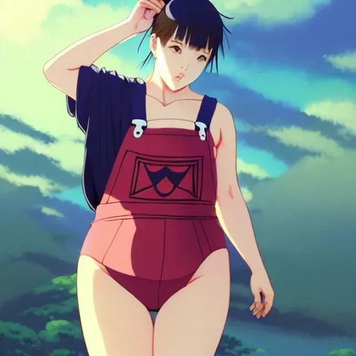 Image similar to a beautiful plus sized model japanese natalie portman, alluring plus sized model, wearing mayan leotard with overalls, street fashion hip hop style with mayan patterns, aztec street fashion, gapmoe yandere grimdark, trending on pixiv fanbox, painted by greg rutkowski makoto shinkai takashi takeuchi studio ghibli, akihiko yoshida