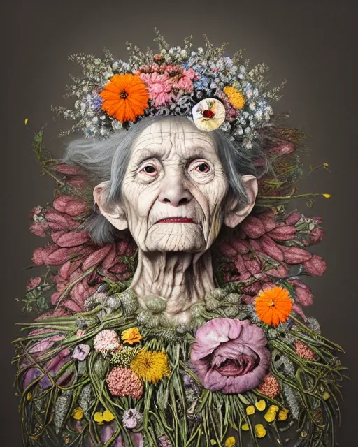 Image similar to a portrait of a fleshy old woman covered in flowers in the style of guiseppe arcimboldo and james jean, covered in wispy gray hair with a hint of neon, hd 3 d, highly detailed and intricate. centred in image.