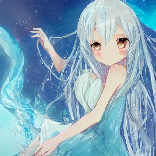 Prompt: a very beautiful anime girl wearing a dress made of water sitting on the edge of a azure blue crystal riverbed , full body, long white hair with azure blue highlights blending into the dress , azure blue watery eyes, full round face, seductive over the shoulder glances , lens flare, cinematic lighting, medium shot, mid-shot, highly realistically detailed, trending on artstation, Unreal Engine 4k, Stanley Artgerm Lau, WLOP, Rossdraws, James Jean, Andrei Riabovitchev, Marc Simonetti, and Sakimichan