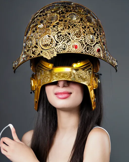 Image similar to centered medium shot fine studio photograph of a beautiful persian girl wearing a persian solarpunk electronic helmet with led lights decorated with golden ornaments, chest with mechanical parts, ultra-realistic, white background, 8k HDR dusk light, intricate detail
