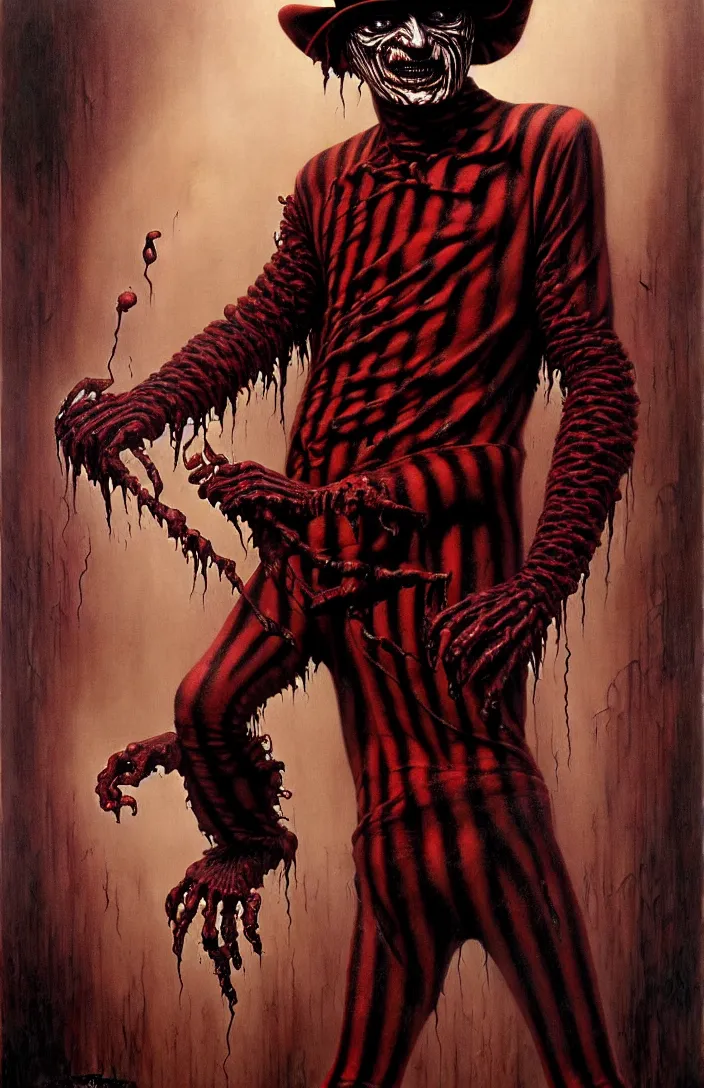 Image similar to freddy krueger in the style of wayne barlowe, gustav moreau, goward, bussiere, roberto ferri, santiago caruso, luis ricardo falero, dali