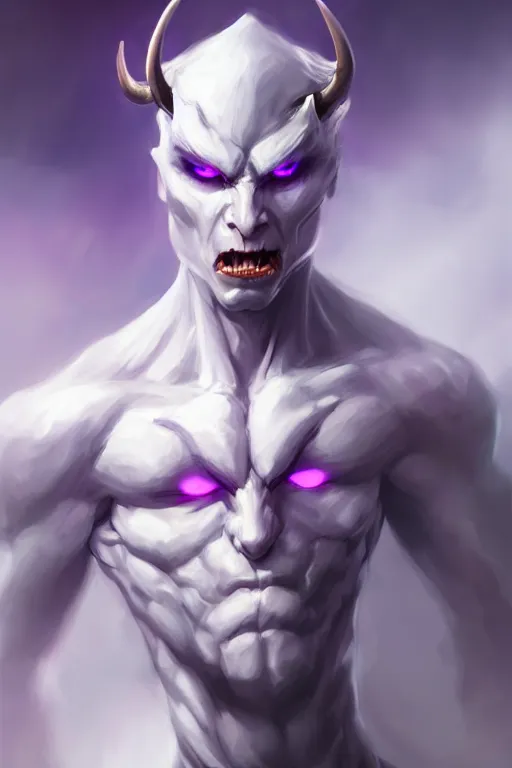 Image similar to human male demon, full body white purple, focus, closup, portrait, hero, character concept art, costume design, black eyes, white horns, trending on artstation, Artgerm , WLOP