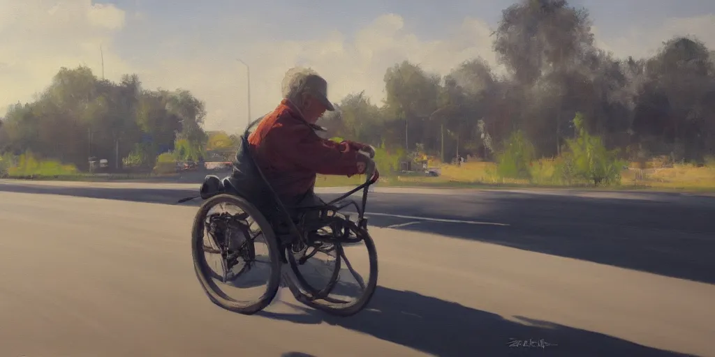 Prompt: Grampa zooming down the highway, hectic oil painting featured on ArtStation