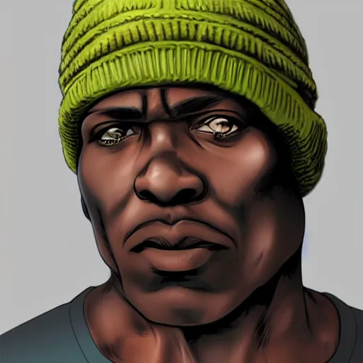Prompt: a despondent 55 year old black man, comic book style, artgerm, wearing a beanie, highly detailed, concerned