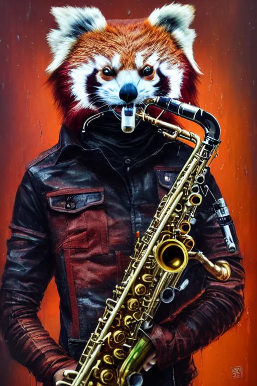 Image similar to a portrait of an anthropomorphic cyberpunk single red panda playing a saxophone by sandra chevrier, by jon foster, detailed render, tape deck, epic composition, cybernetics, 4 k realistic, cryengine, realistic shaded lighting, sharp focus, masterpiece, by enki bilal