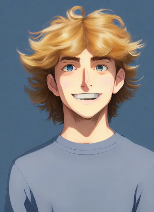 Prompt: young man with medium - length, curly, golden hair, perfectly proportioned face, aquamarine eyes, sweet smile, natural lighting, path traced, highly detailed, high quality, cartoon, digital painting, by studio ghibli