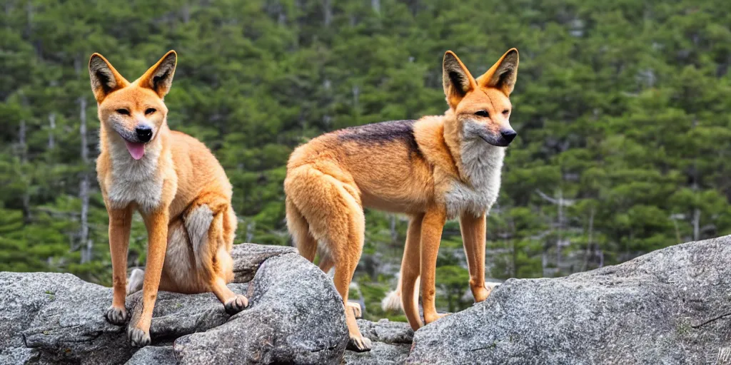 Image similar to a dingo posing at the top of mt. champlain in maine