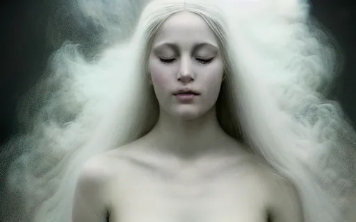 Prompt: delicate, dreamy, feminine, subsurface scattering, white, young beautiful goddess in cosmos long white hair floating in air, fluid smoke art, black and white, octane render, dino valls, mark ryden, joe fenton, michal karcz, highly detailed, rim light, art, cinematic lighting, very coherent, hyper realism, 8 k