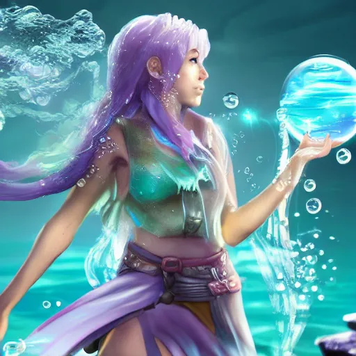 Image similar to female water mage, high quality character design, action pose : : spotlight, magical, seapunk, seaweed, bubbles, high detail, 1 6 k, oled, shadows, reflections, digital art