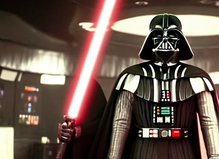 Prompt: film still of Darth Vader goes to a night club in the new Star Wars movie, 4k