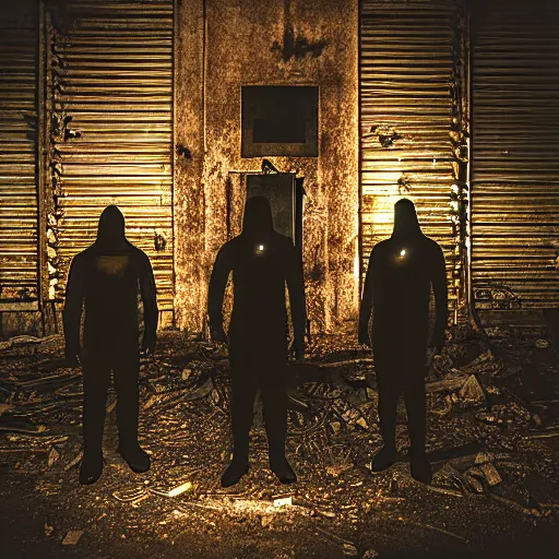 Image similar to grainy photo of three dark human figures with glowing eyes in a dark abandoned rusty factory at night taken with a camera flash