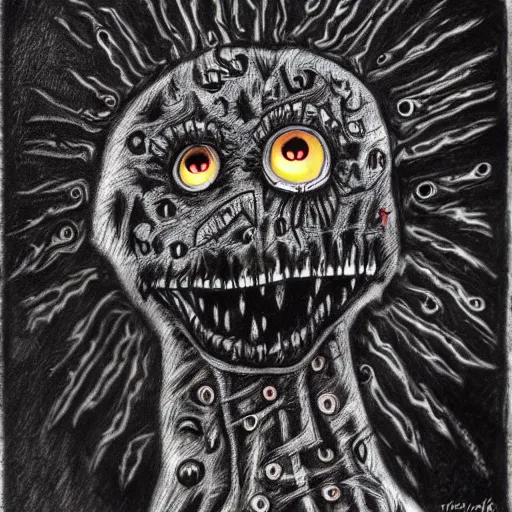 Image similar to dark art cartoon grunge drawing of elmo by tim burton - loony toons style, horror theme, detailed, elegant, intricate, trending on art station