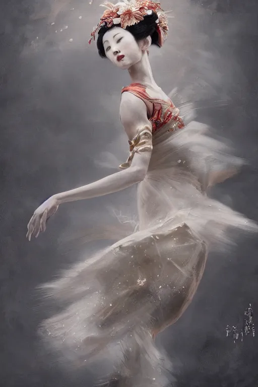 Prompt: magnificent full body geisha prima ballerina dancing in the wind, intricate, elegant, volumetric lighting, digital painting, highly detailed, artstation, sharp focus, illustration, concept art, ruan jia, steve mccurry