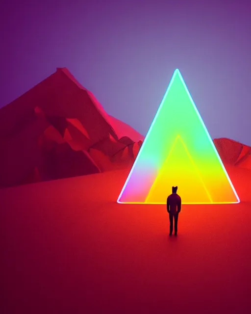 Image similar to a man standing in the middle of a mountain with a glowy neon triangle, a render by filip hodas, behance contest winner, environmental art, rendered in cinema 4 d, volumetric lighting