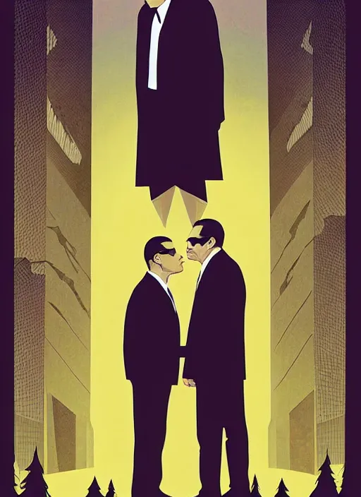 Prompt: poster artwork by Michael Whelan and Tomer Hanuka, of the Men in Black, from scene from Twin Peaks, clean