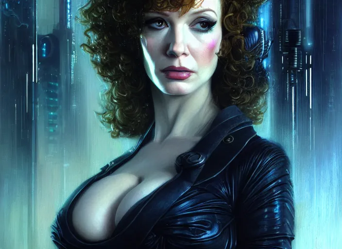 Image similar to portrait shot of christina hendricks in bladerunner wearin a cyberpunk costume, intricate, elegant, highly detailed, centered, digital painting, artstation, concept art, smooth, sharp focus, illustration, artgerm, tomasz alen kopera, peter mohrbacher, donato giancola, joseph christian leyendecker, wlop, boris vallejo